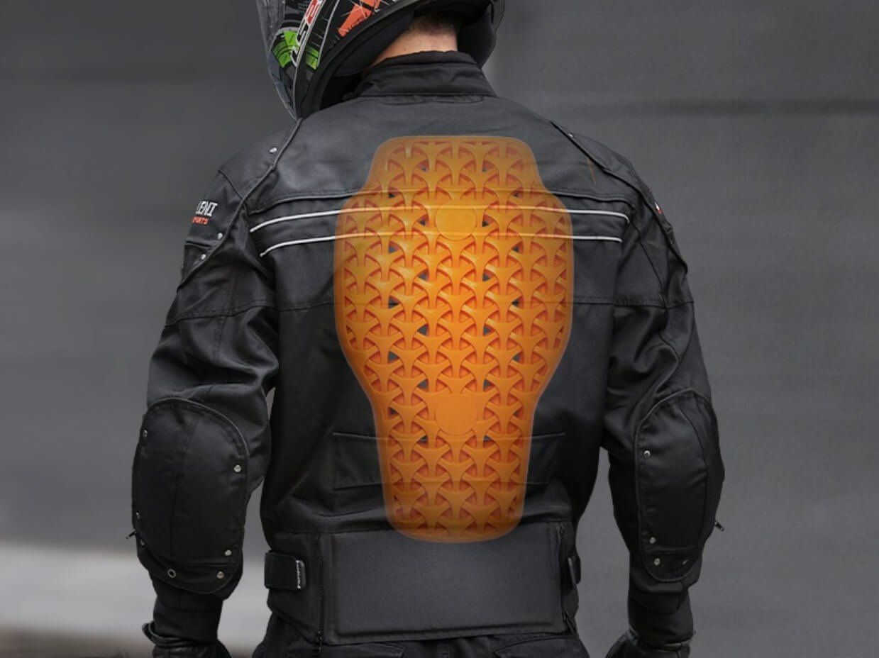 A motorcycle jacket provides protection.