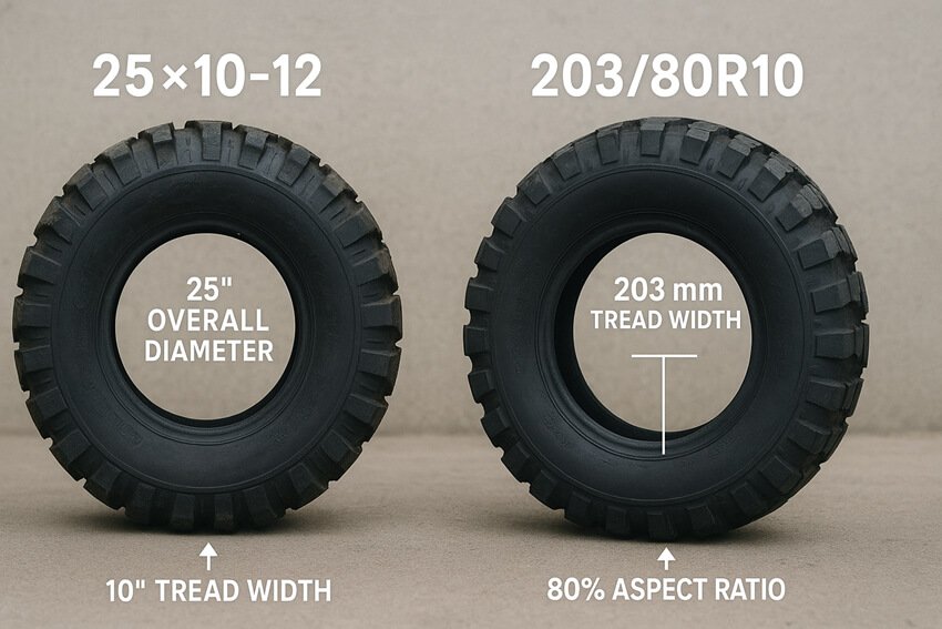 ATV/UTV tires labeled 25×10-12 and 203/80R10