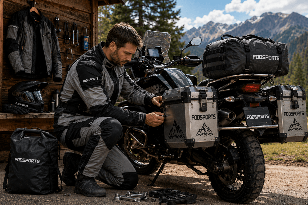 Rider Packing Camping Gear Onto A Motorcycle