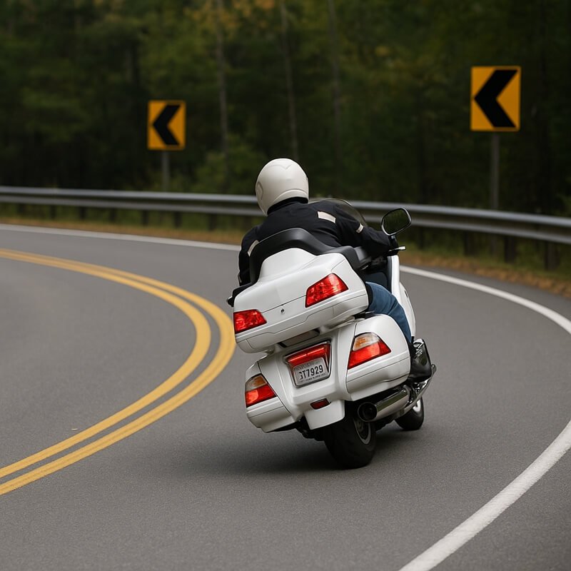 a rider on a touring motorcycle leaning into a curve.