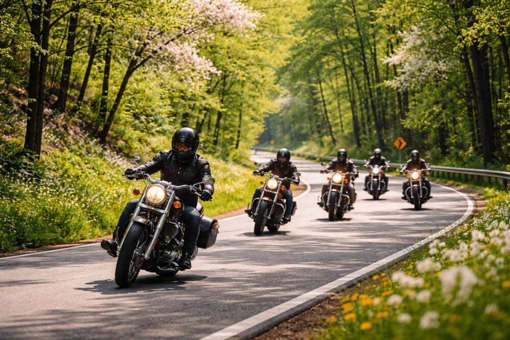 group motorcycle riding in the spring days