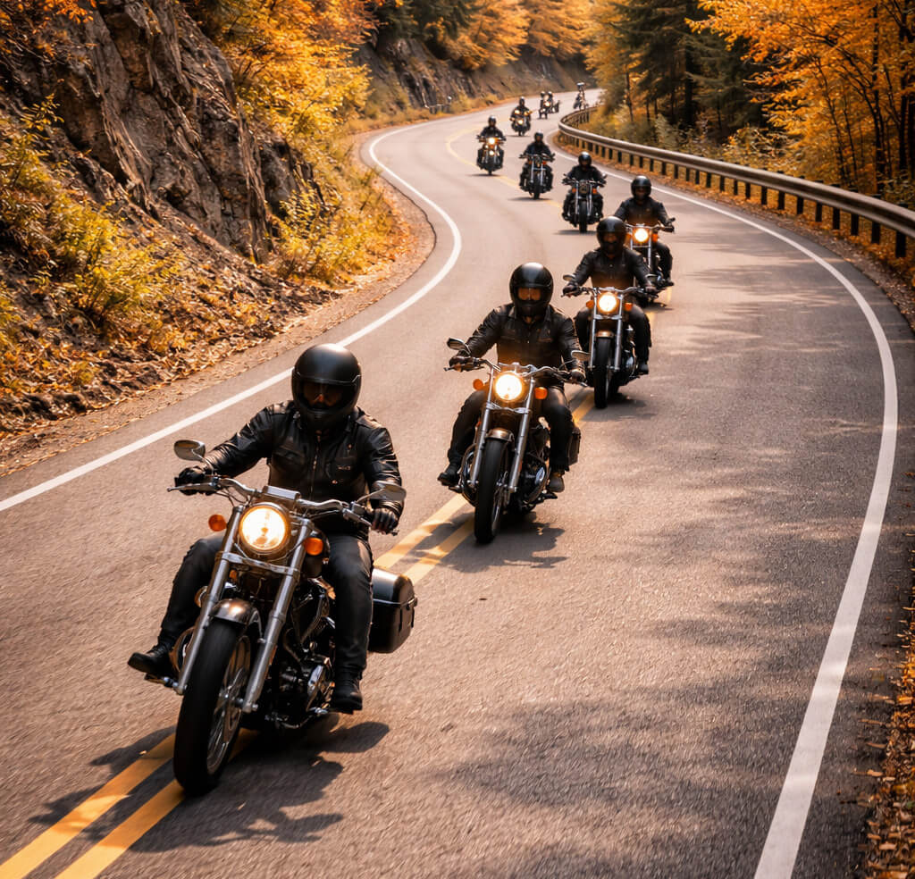 Single file formation on the road - group riding motorcycle formation