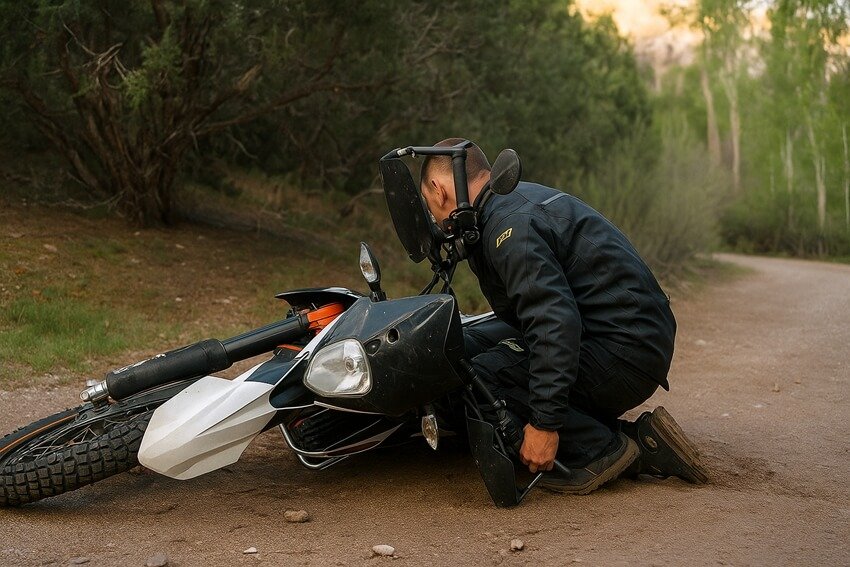 standard solo technique—lift a fallen heavy motorcycle