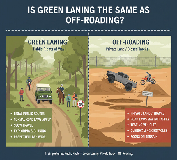 the difference between green laning and off-roading
