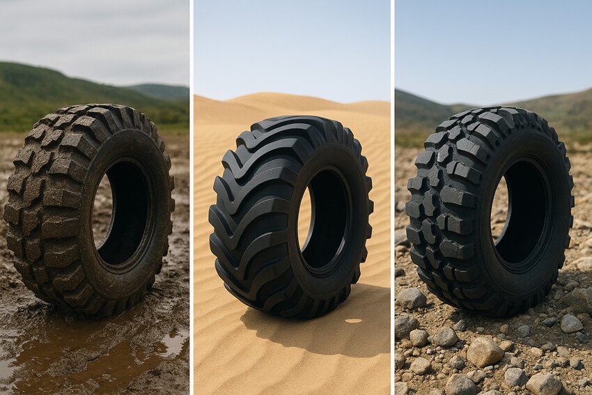 three ATV or UTV tire designs for different terrains