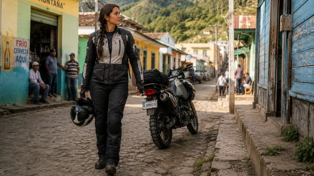 woman motorcycle rider exploring american town