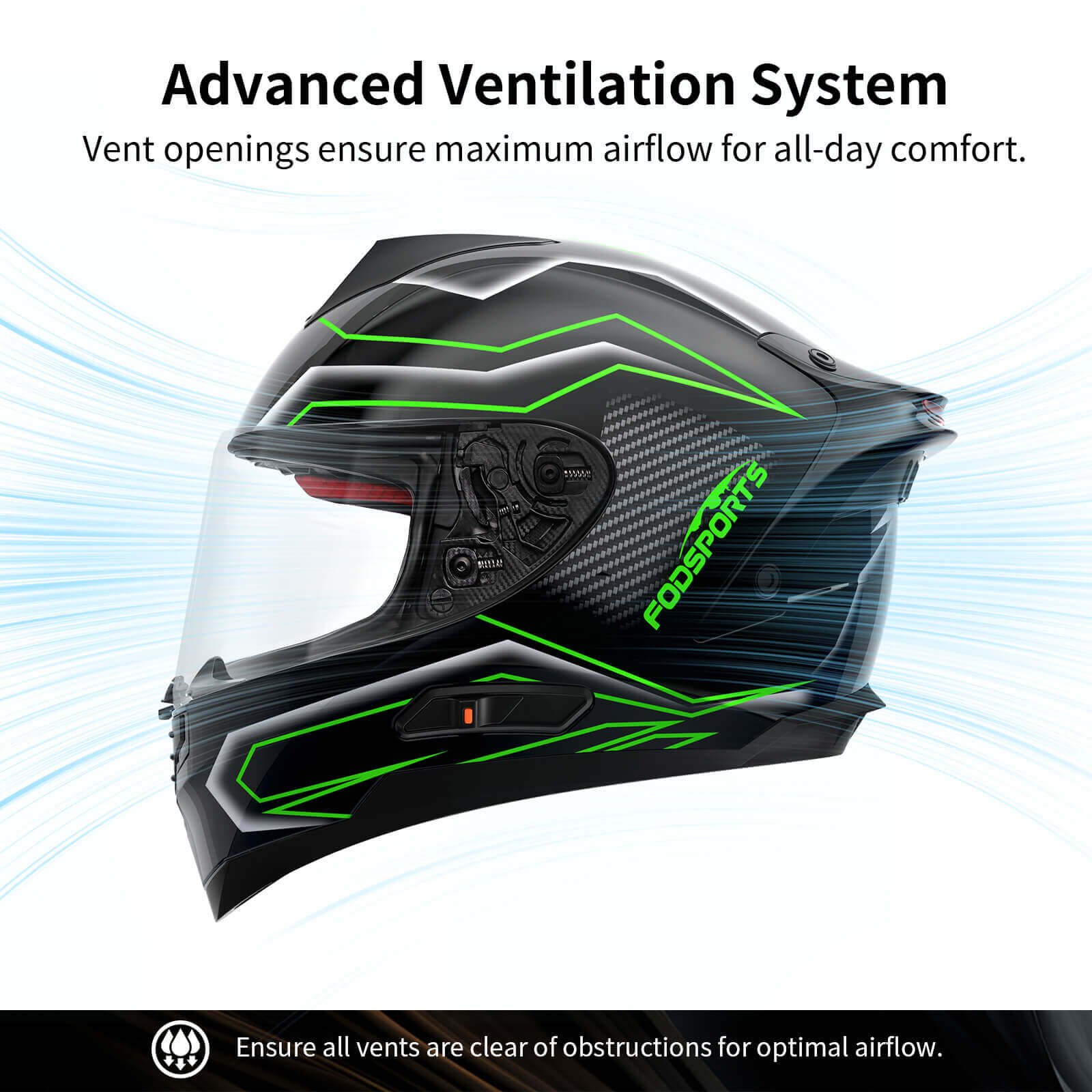 advanced ventilation system of fs 90 motorbike helmet shiny black green color