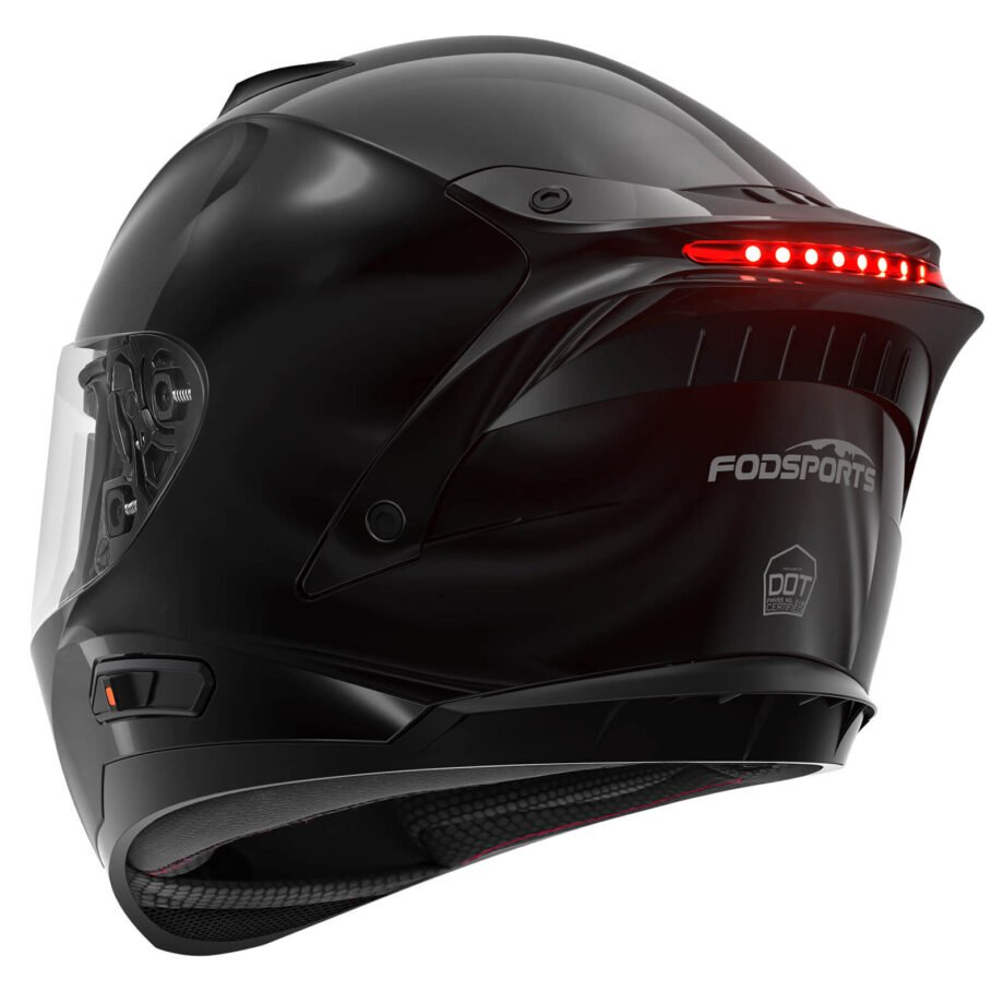 fodsports full face motorcycle helmet back shiny black fs 90 side view