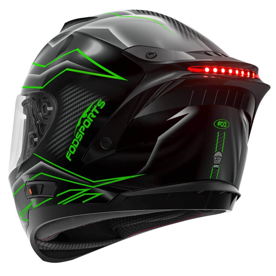 fodsports full face motorcycle helmet back shiny black green fs 90 side view