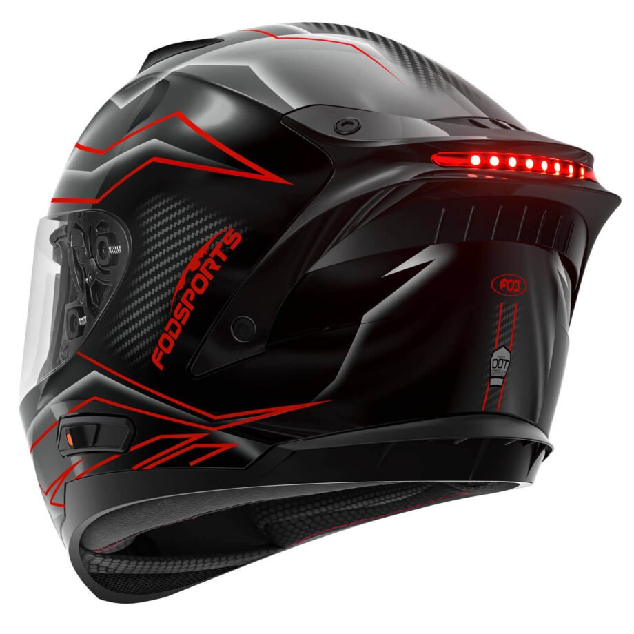 fodsports full face motorcycle helmet shiny black color back side view