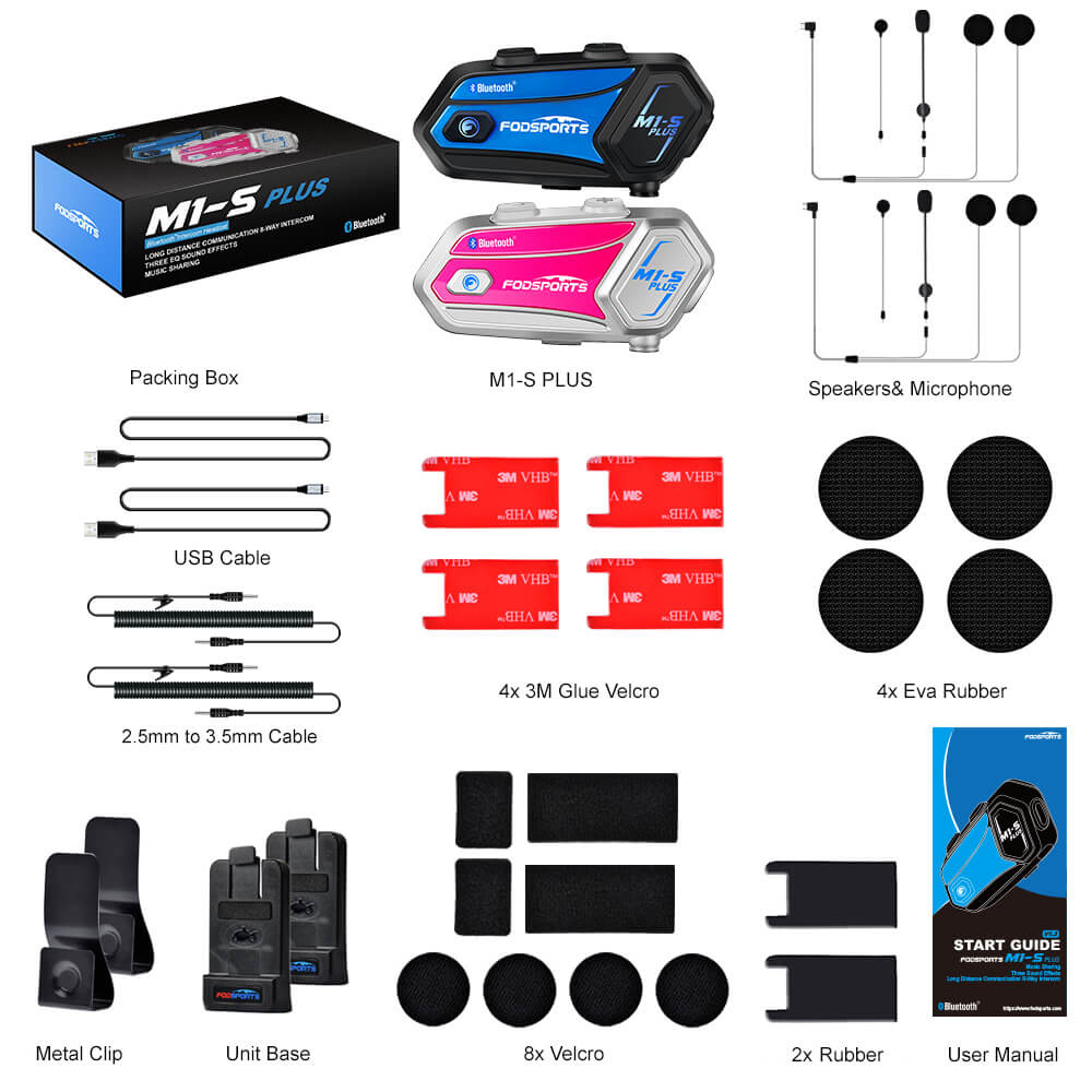 Fodsports M1-S Plus Bluetooth intercom headset blue pink pack packing list
