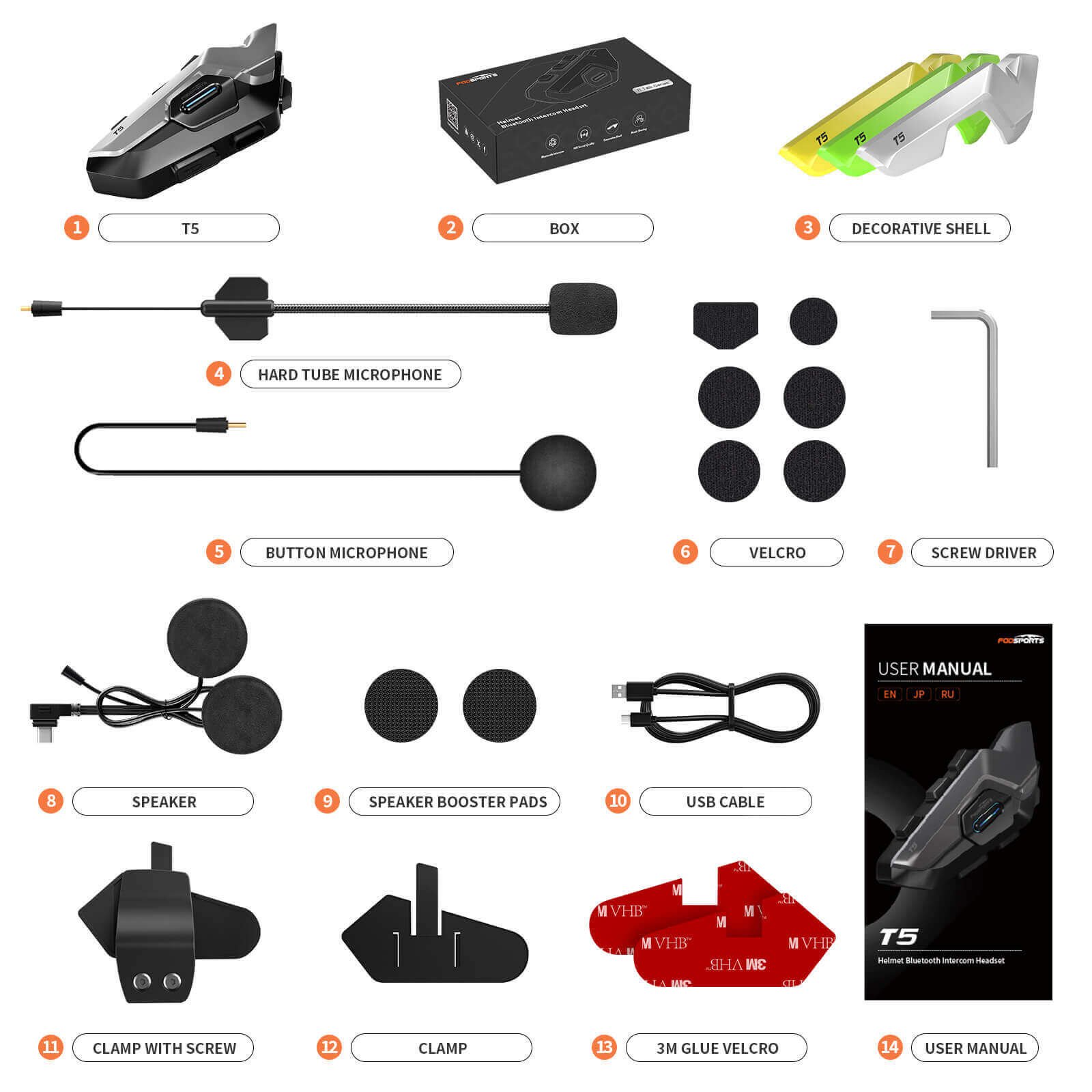 Fodsports T5 2 Way Bluetooth Intercom 12 Fodsports T5 single pack packing list