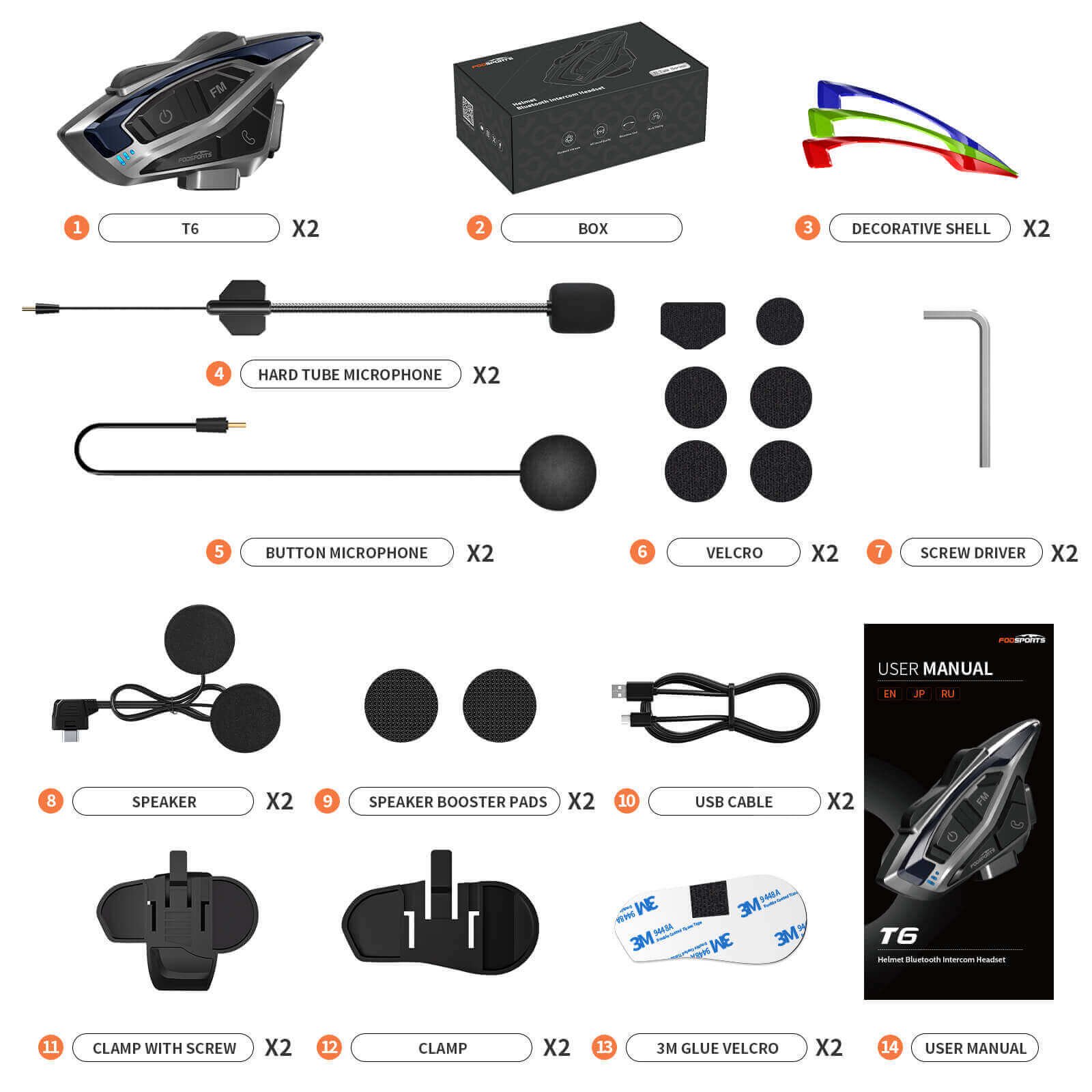 Fodsports T6 2 Riders Helmet Headset 9 Fodsports T6 2 riders helmet headset dual pack packing list