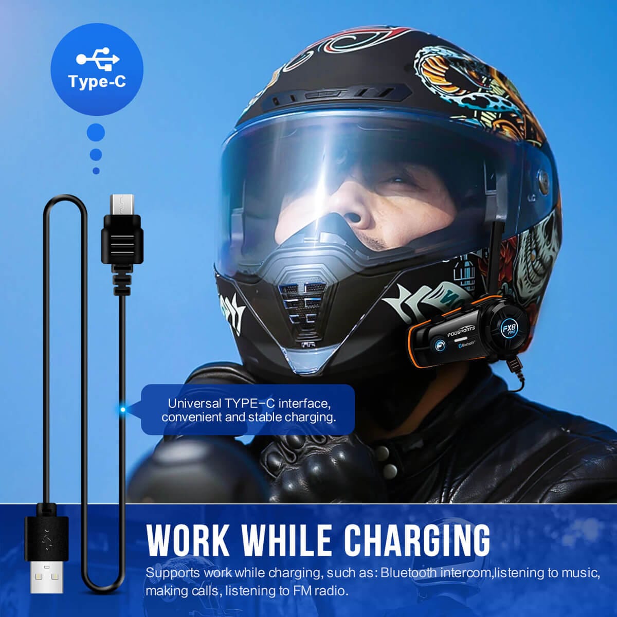 Fodsports 3XFX8 PRO Motorcycle Bluetooth Headset – Intercom, 10-Rider 2000m Range, Noise Cancellation, FM Radio