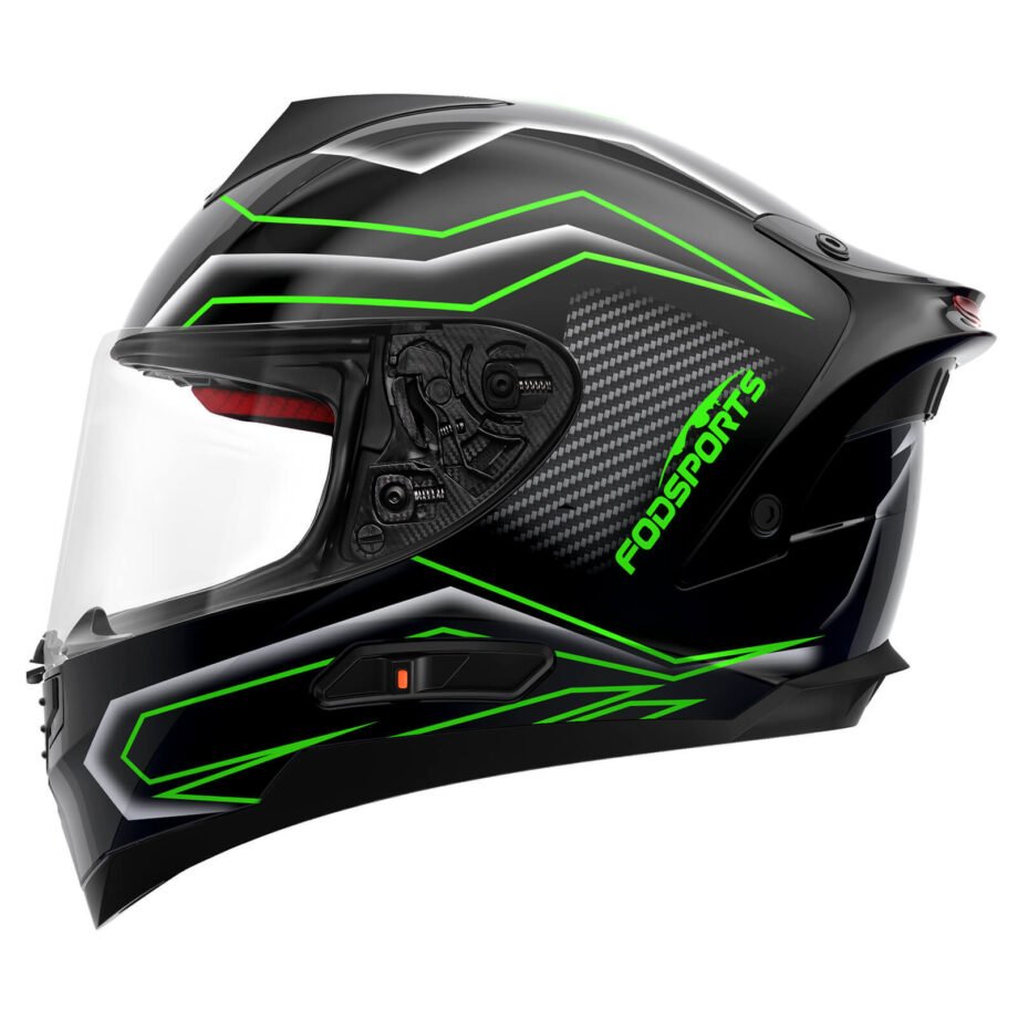 motorcycle helmet - shiny black green fodsports fs 90 side view