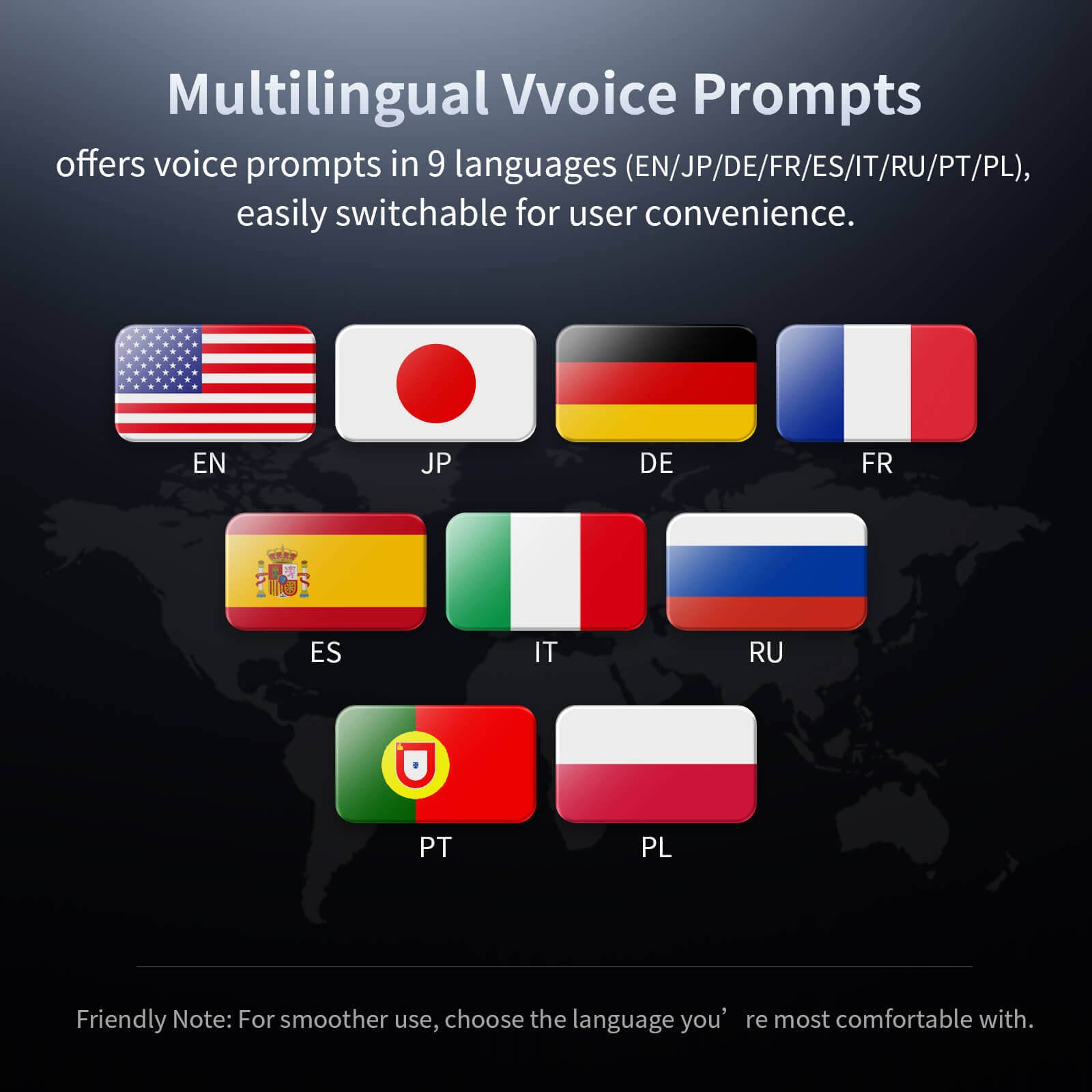 Fodsports T5 2 Way Bluetooth Intercom 11 offer voice prompts in 9 languages