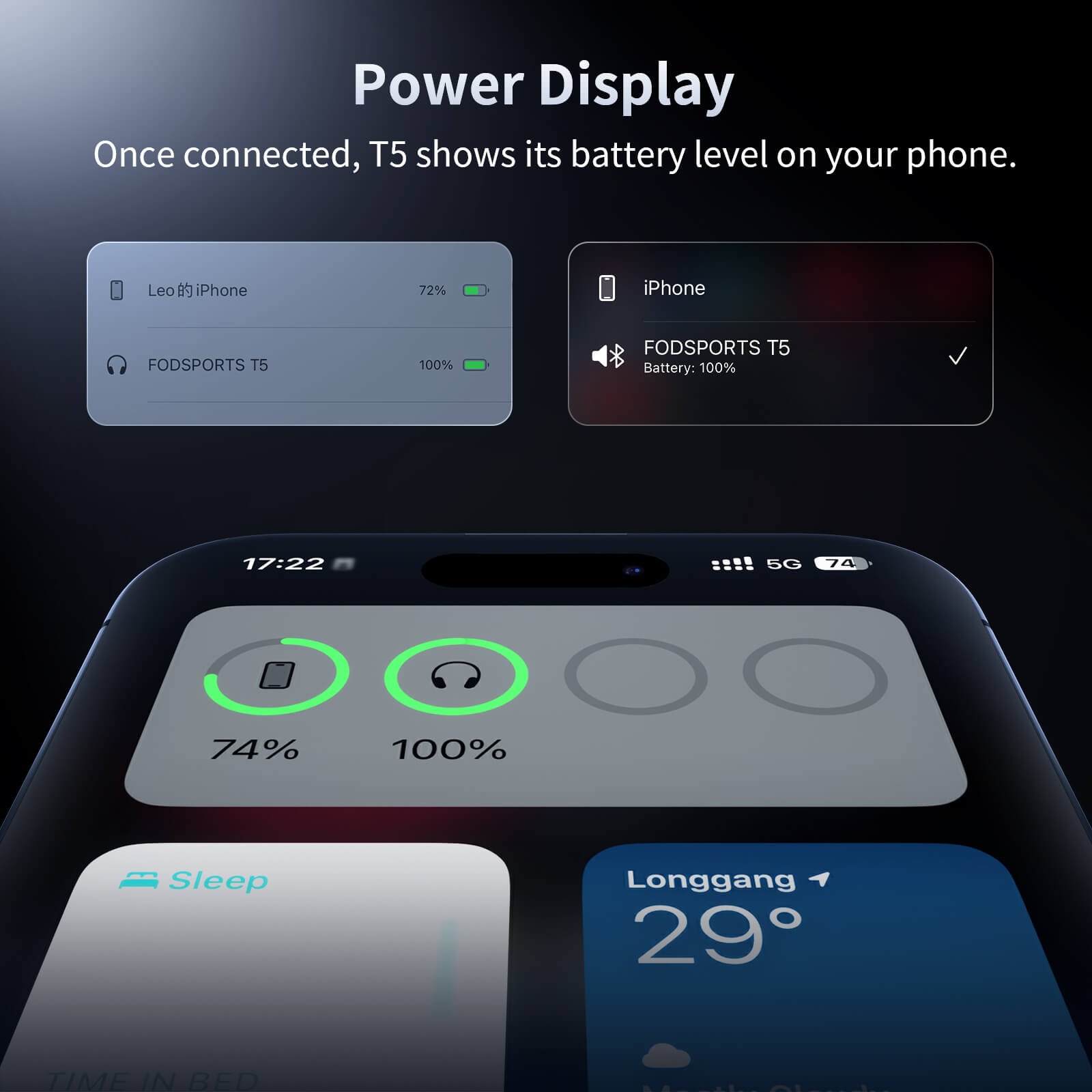 Fodsports T5 2 Way Bluetooth Intercom 5 power status display on the phone