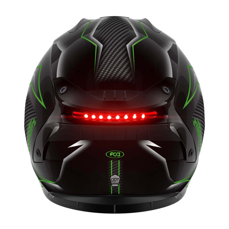 shiny black green color fs 90 motorcycle helmet back view