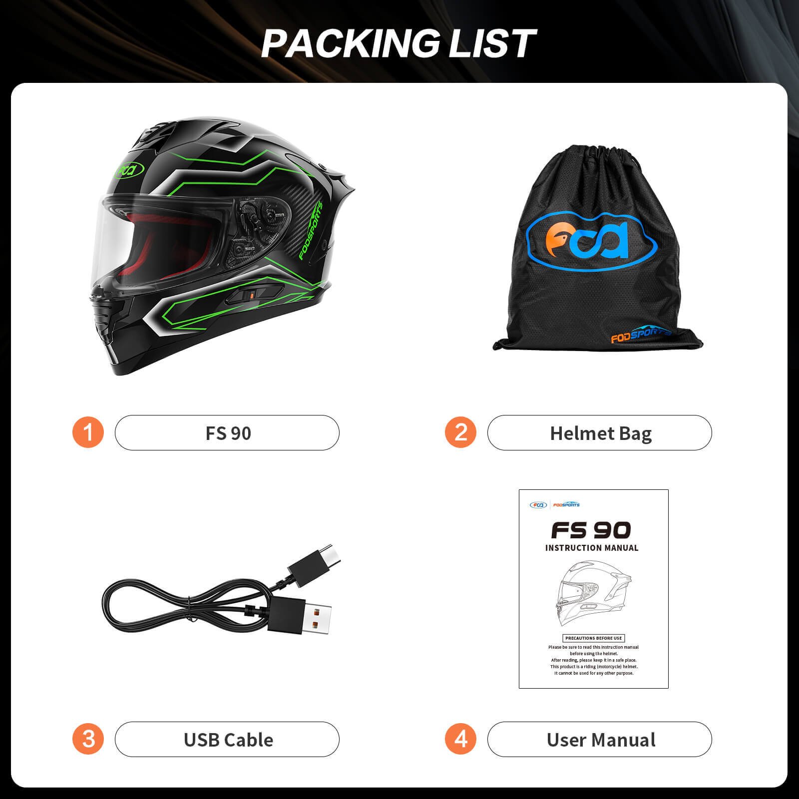 shiny black green fodsports fs 90 helmet packing list